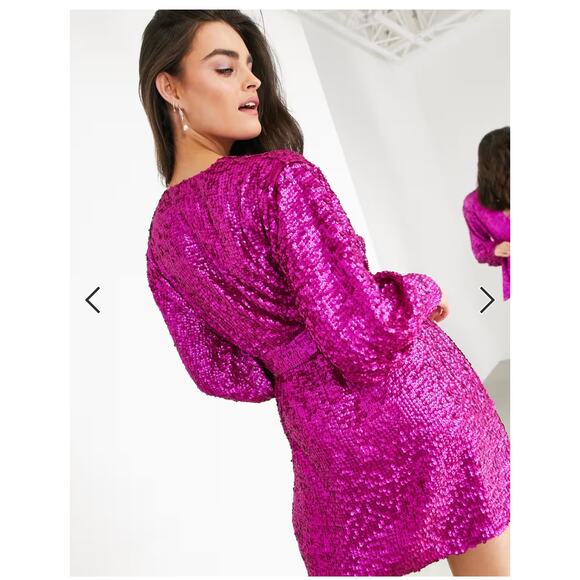 ASOS Edition Sequin Mini Wrap Dress Pink Women’s Size 12 - Picture 12 of 12